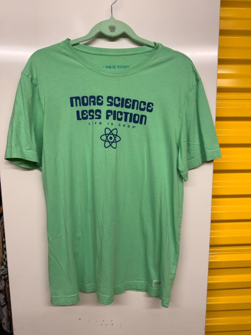 Life Is Good Men's Green "More Science Less Fiction" Atom Crusher Graphic Tee